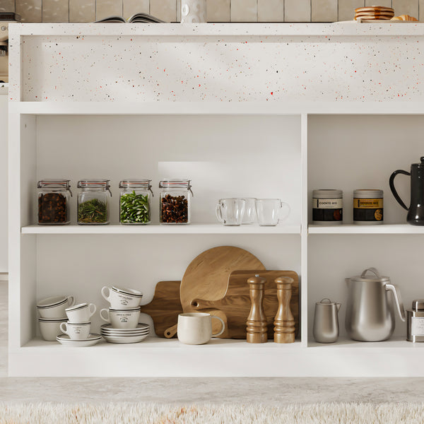 Modern Double-Sided Kitchen Island with Pull-Out Tabletop and Open Shelving