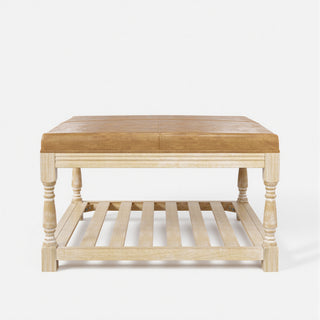 Leather-Top Square Coffee Table with Open Shelf