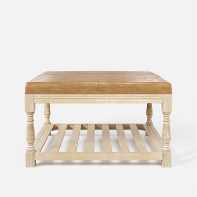 Leather-Top Square Coffee Table with Open Shelf