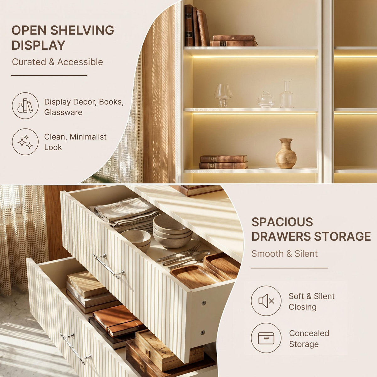 Arched Display Cabinet with Open Shelving, Drawers and Integrated Lighting