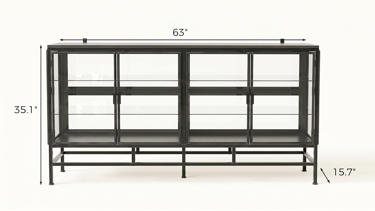 4-Door Display Cabinet with Glass Shelves and Iron Legs
