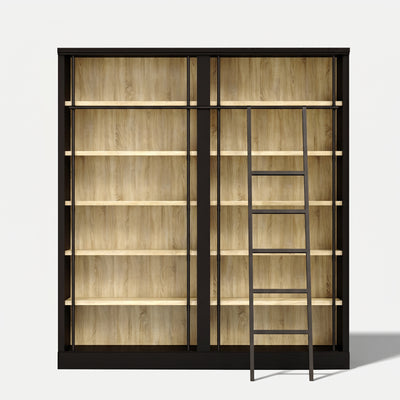 Double Bookcase with Rolling Ladder and 6-Tier Shelves