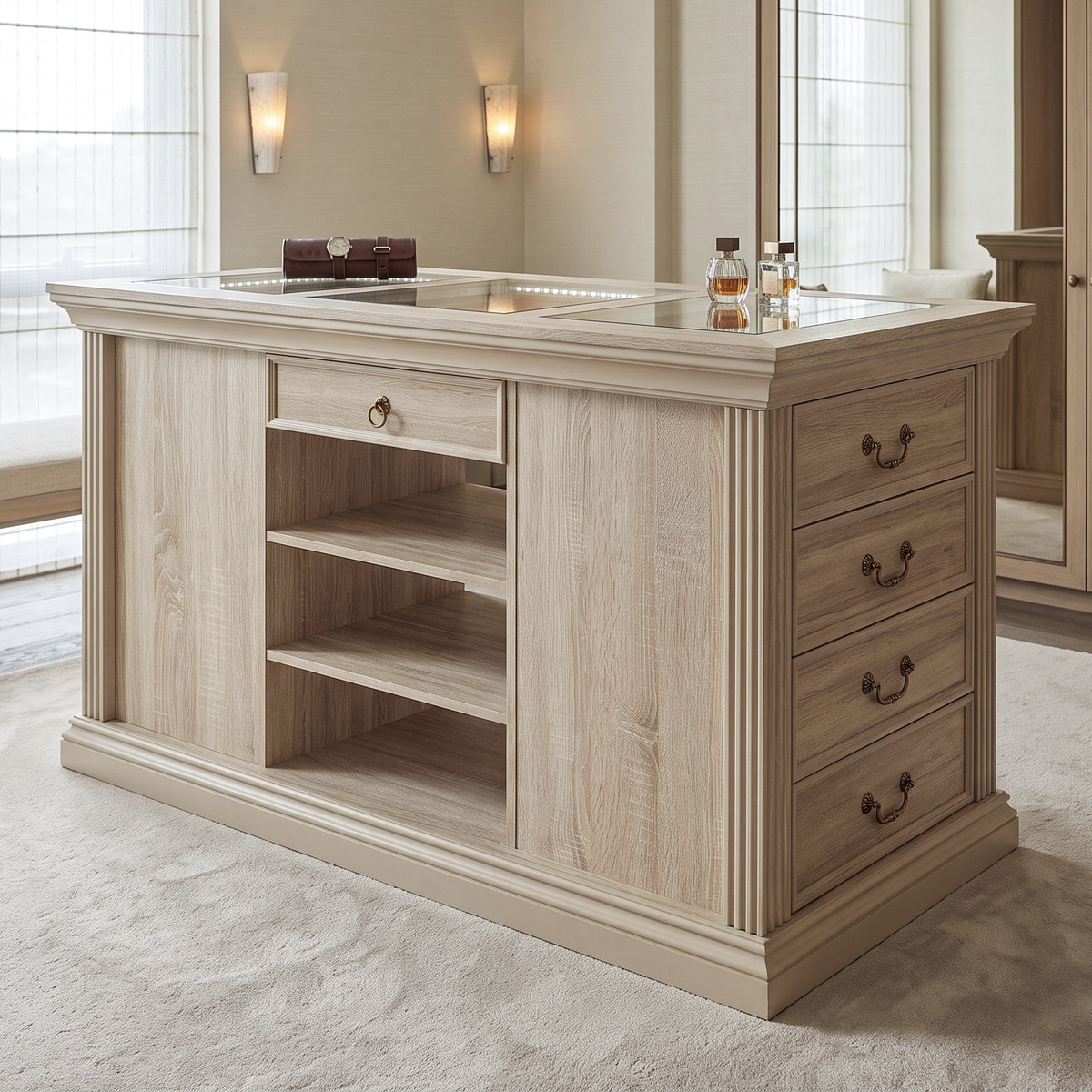 Jewelry Island with Glass Display Top and Storage Drawers - Natural Oak