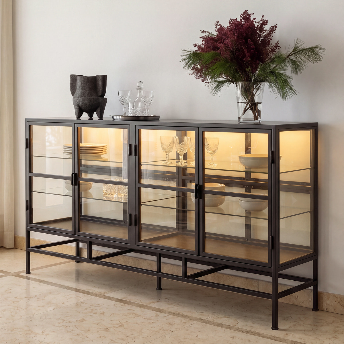 4-Door Glass Display Cabinet with Metal Legs and Lighting