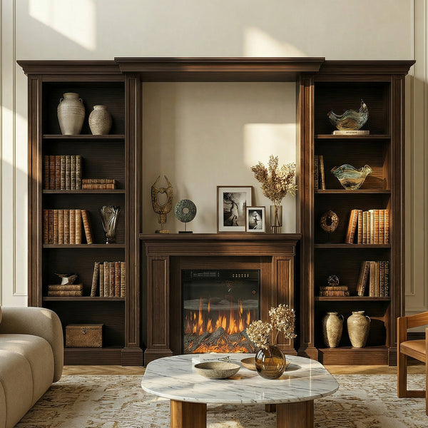 Traditional Entertainment Center with Built-In Electric Fireplace and Bookshelves