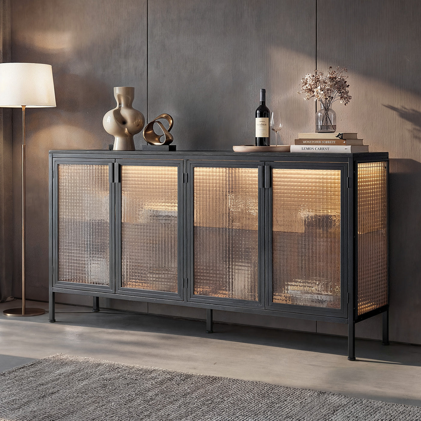 Storage Cabinet with Glass Doors and Metal Frame