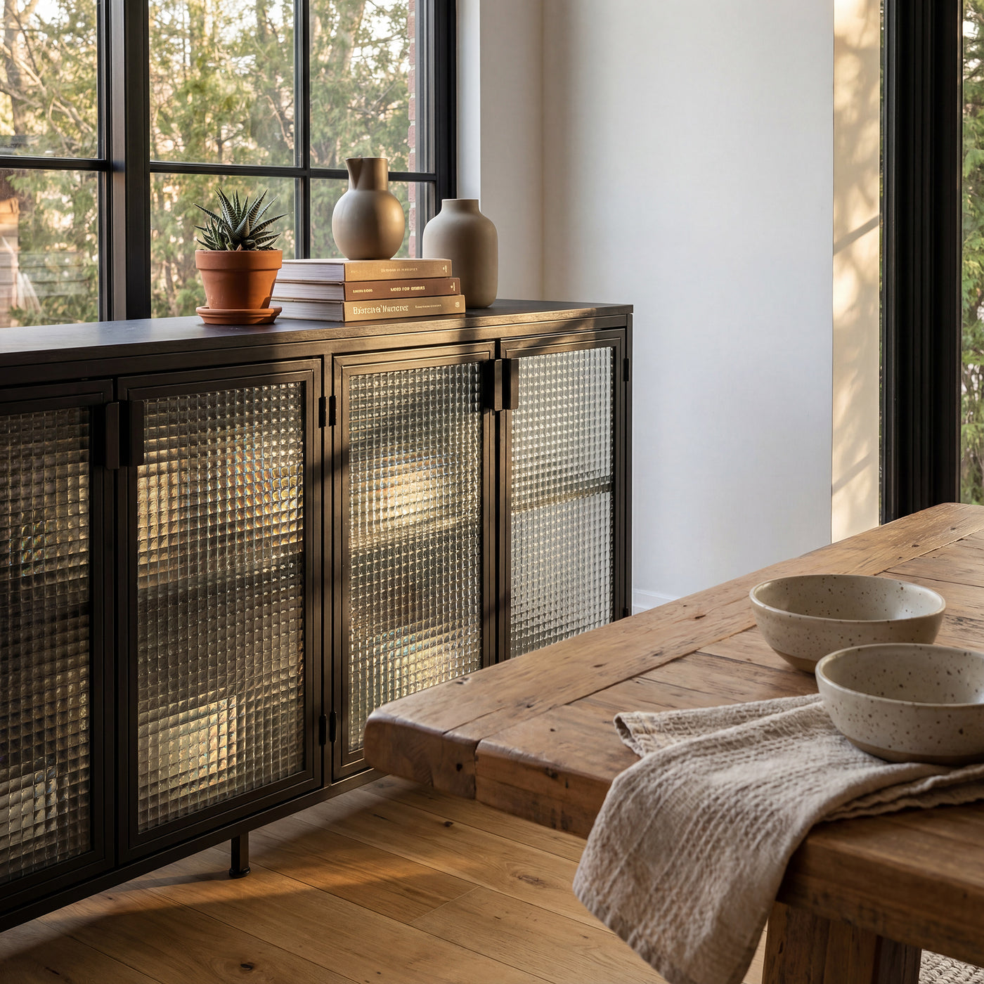 Storage Cabinet with Glass Doors and Metal Frame