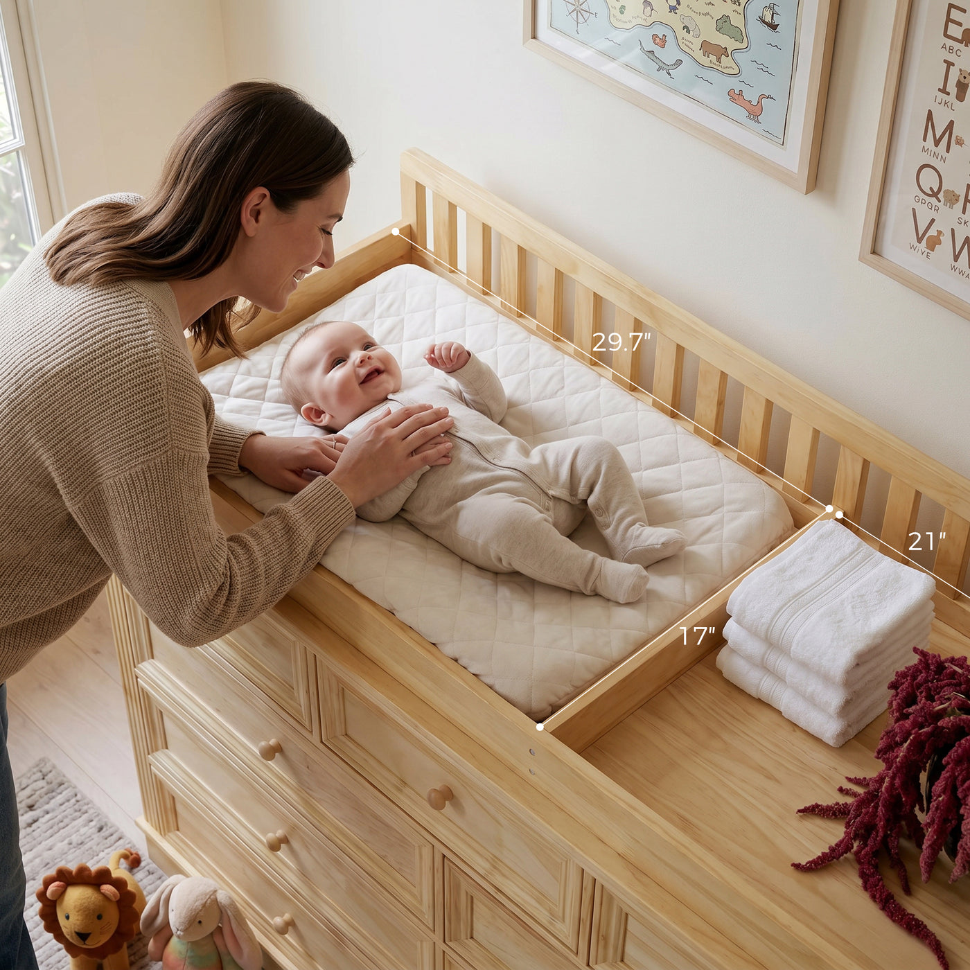 Solid Wood Changing Table with Drawers and Round Knob Handles