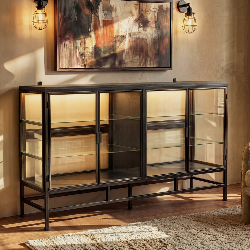 4-Door Display Cabinet with Glass Shelves and Iron Legs