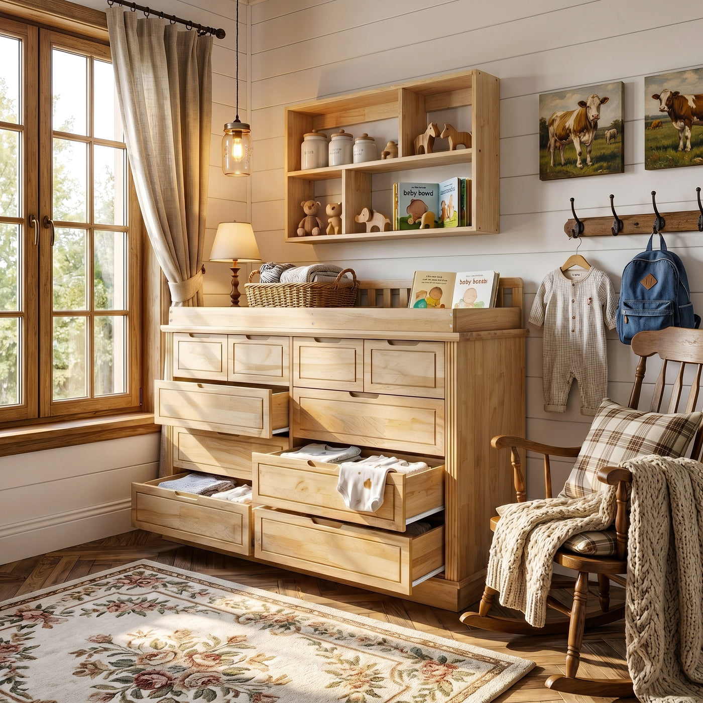 Solid Wood Changing Table with Drawers and Handle-Free Design