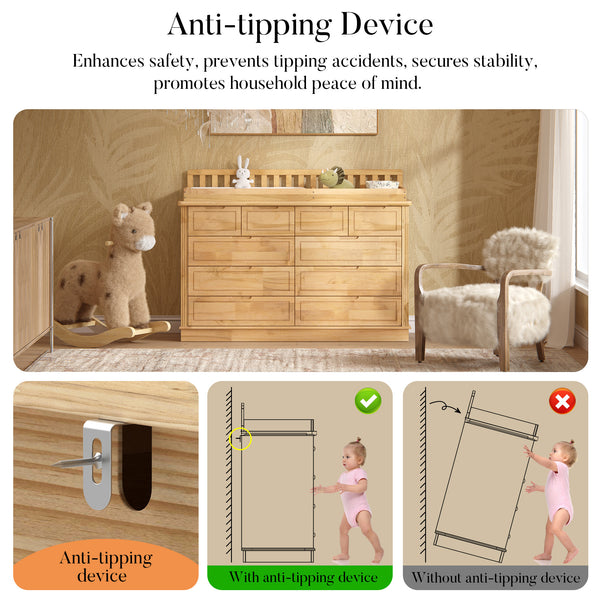 Solid Wood Changing Table with Drawers and Handle-Free Design