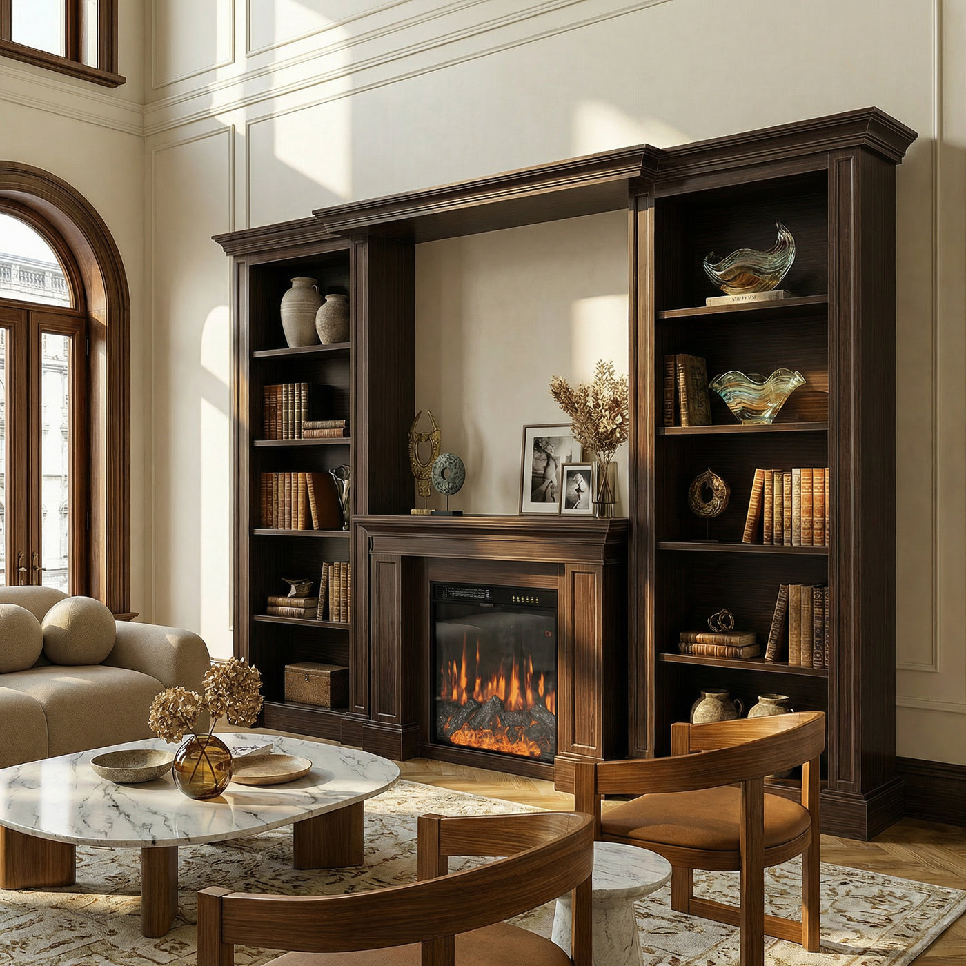 Traditional Entertainment Center with Built-In Electric Fireplace and Bookshelves