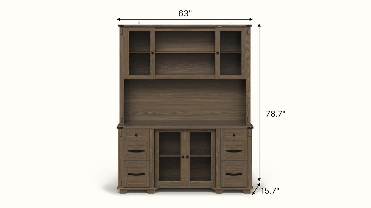 Wood Bookcase with Mesh Doors, Drawers and Open Shelving