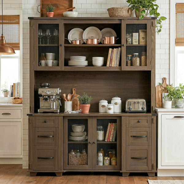 Wood Pantry Cabinet with Mesh Doors, Drawers and Open Shelving