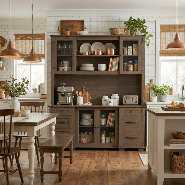 Wood Pantry Cabinet with Mesh Doors, Drawers and Open Shelving