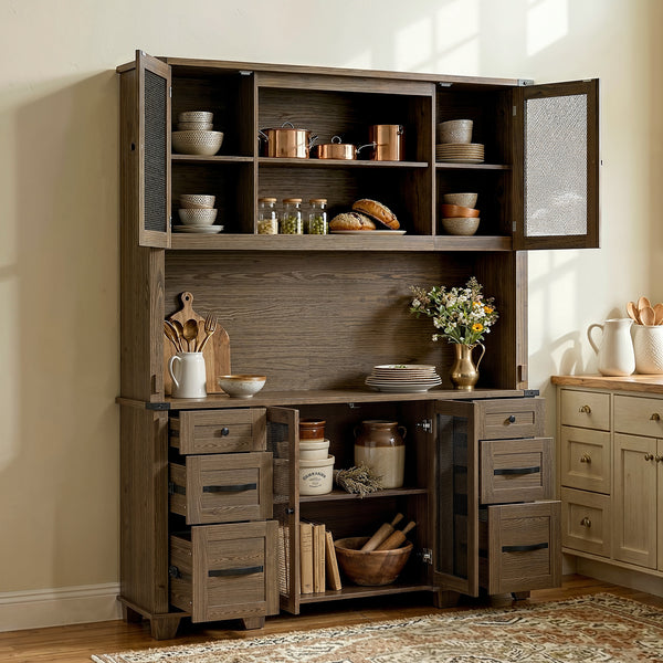 Wood Pantry Cabinet with Mesh Doors, Drawers and Open Shelving