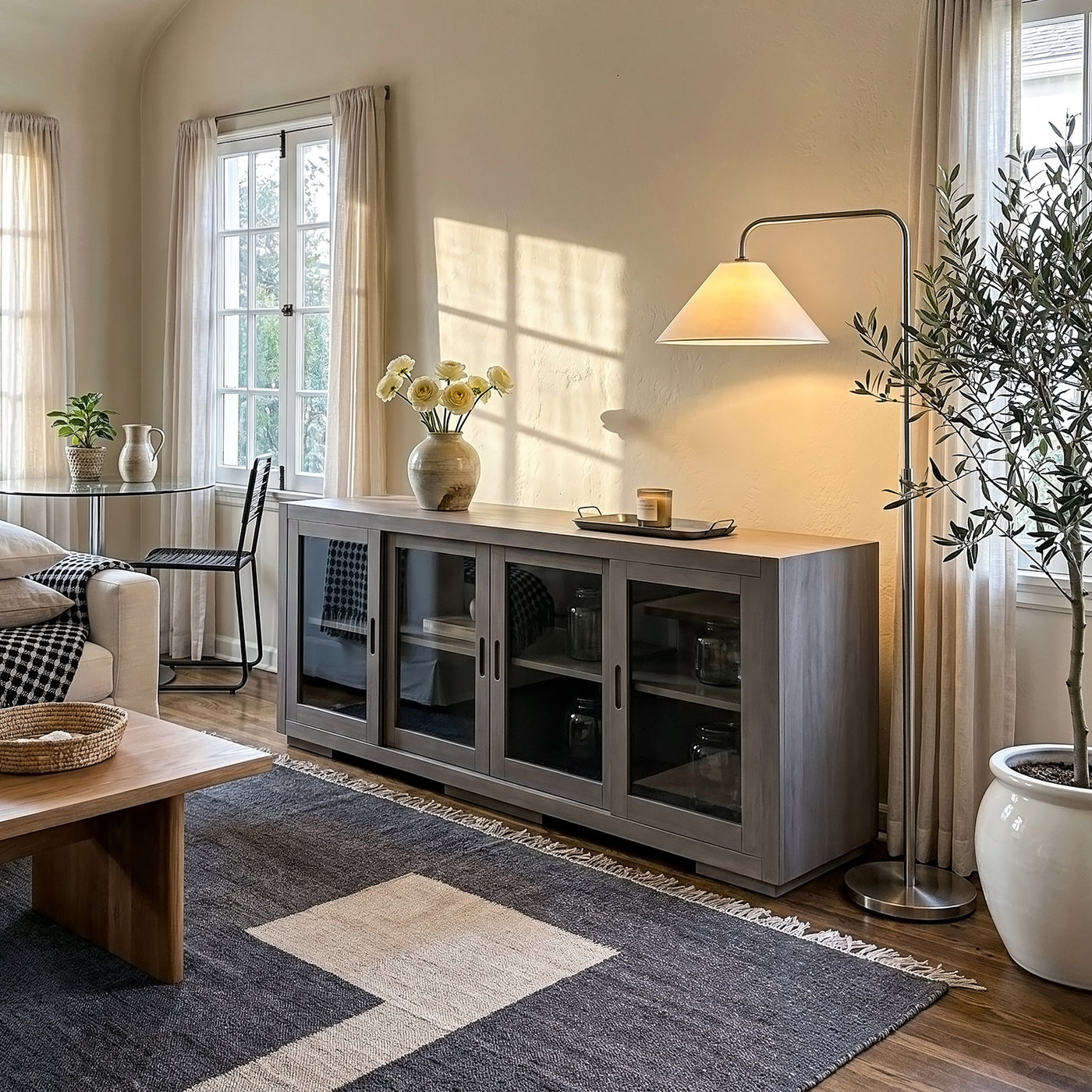 TV Stand with Tempered Glass Sliding Doors and Adjustable Shelves