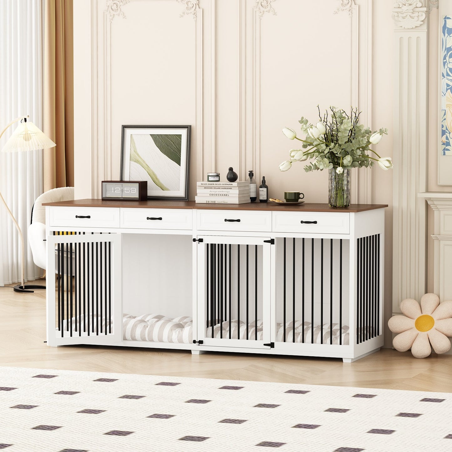 Large Dog Crate Furniture with 4 Drawers and Divider