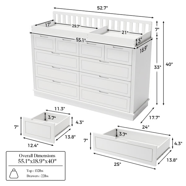 Solid Wood Changing Table with Drawers and Handle-Free Design