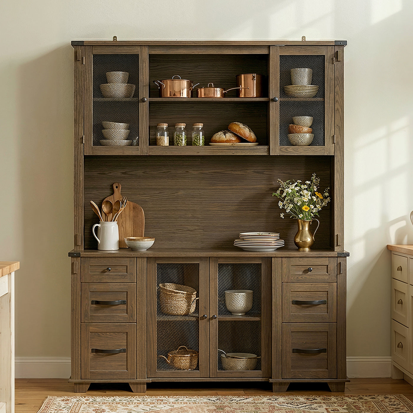 Wood Bookcase with Mesh Doors, Drawers and Open Shelving