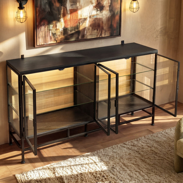 4-Door Display Cabinet with Glass Shelves and Iron Legs