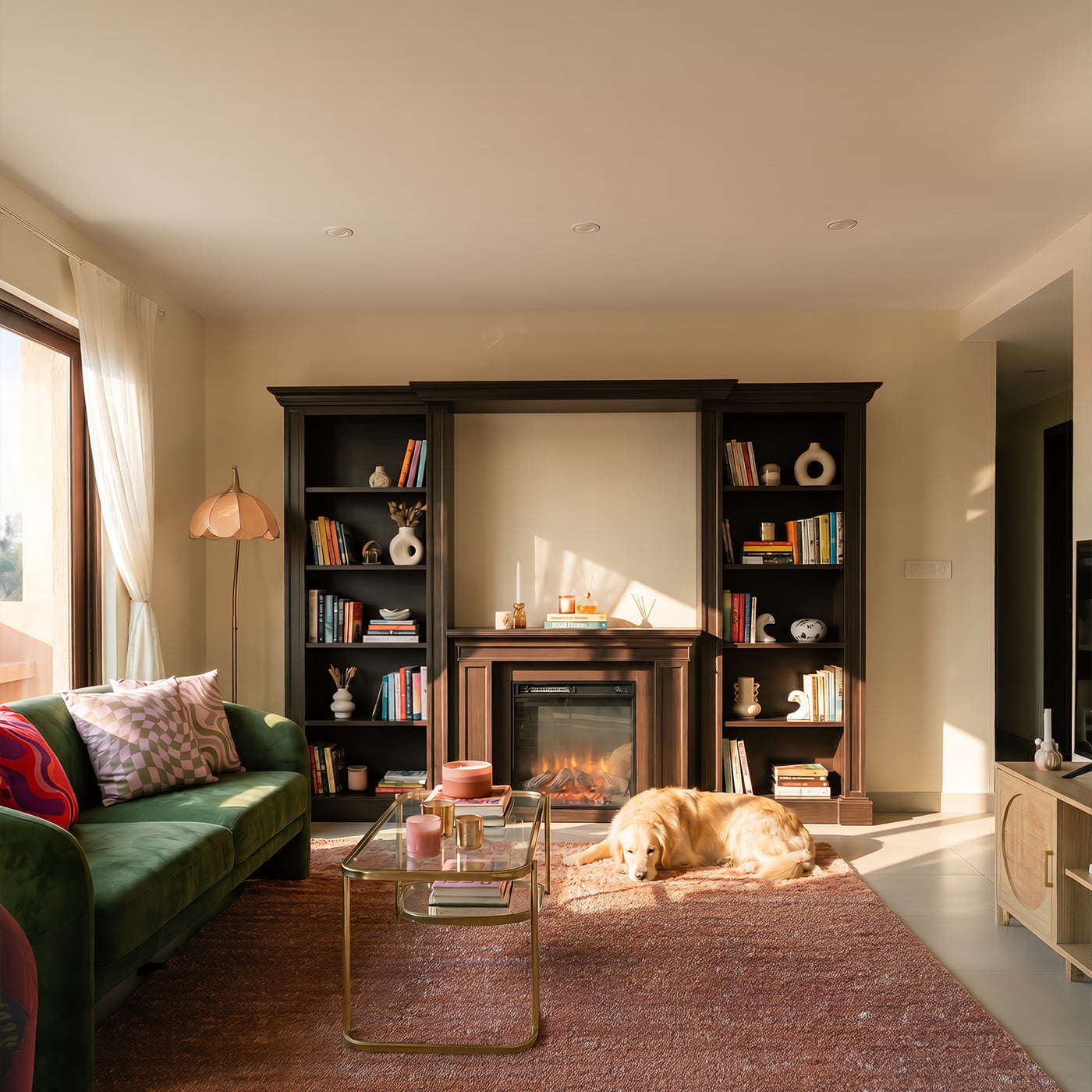 Traditional Entertainment Center with Built-In Electric Fireplace and Bookshelves