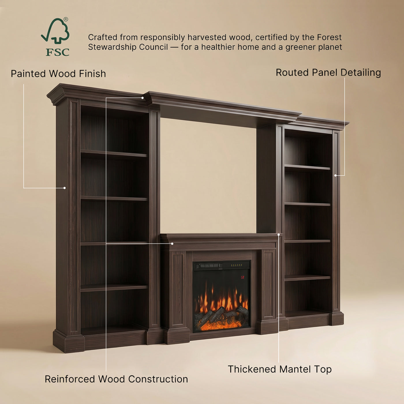 Traditional Entertainment Center with Built-In Electric Fireplace and Bookshelves