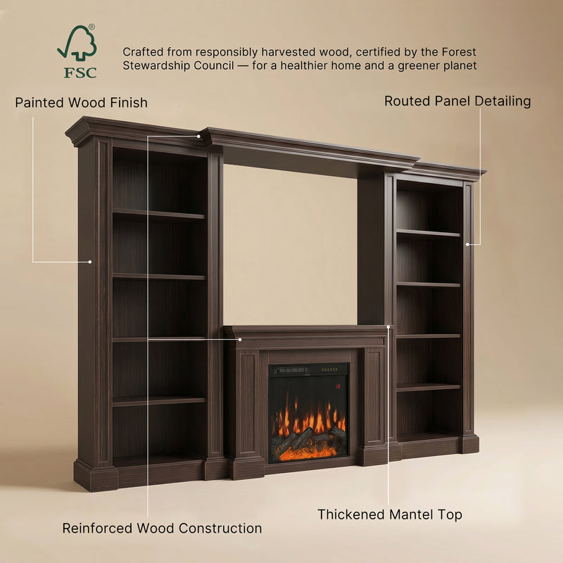 Traditional Entertainment Center with Built-In Electric Fireplace and Bookshelves