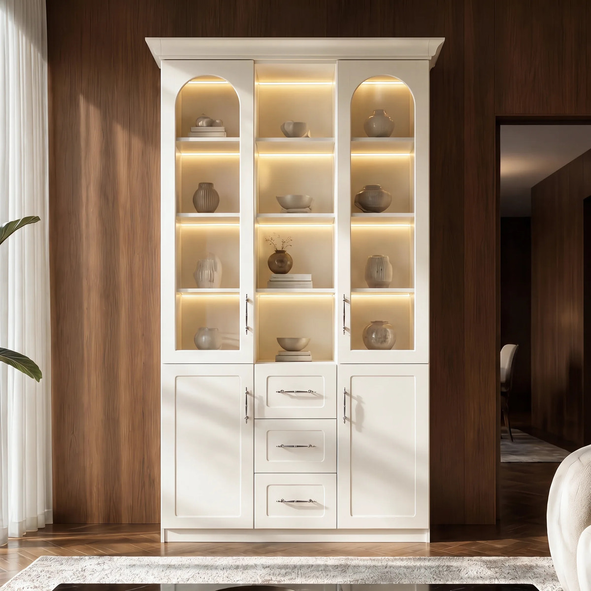 Arched Display Cabinet with Mixed Storage and Integrated Lighting