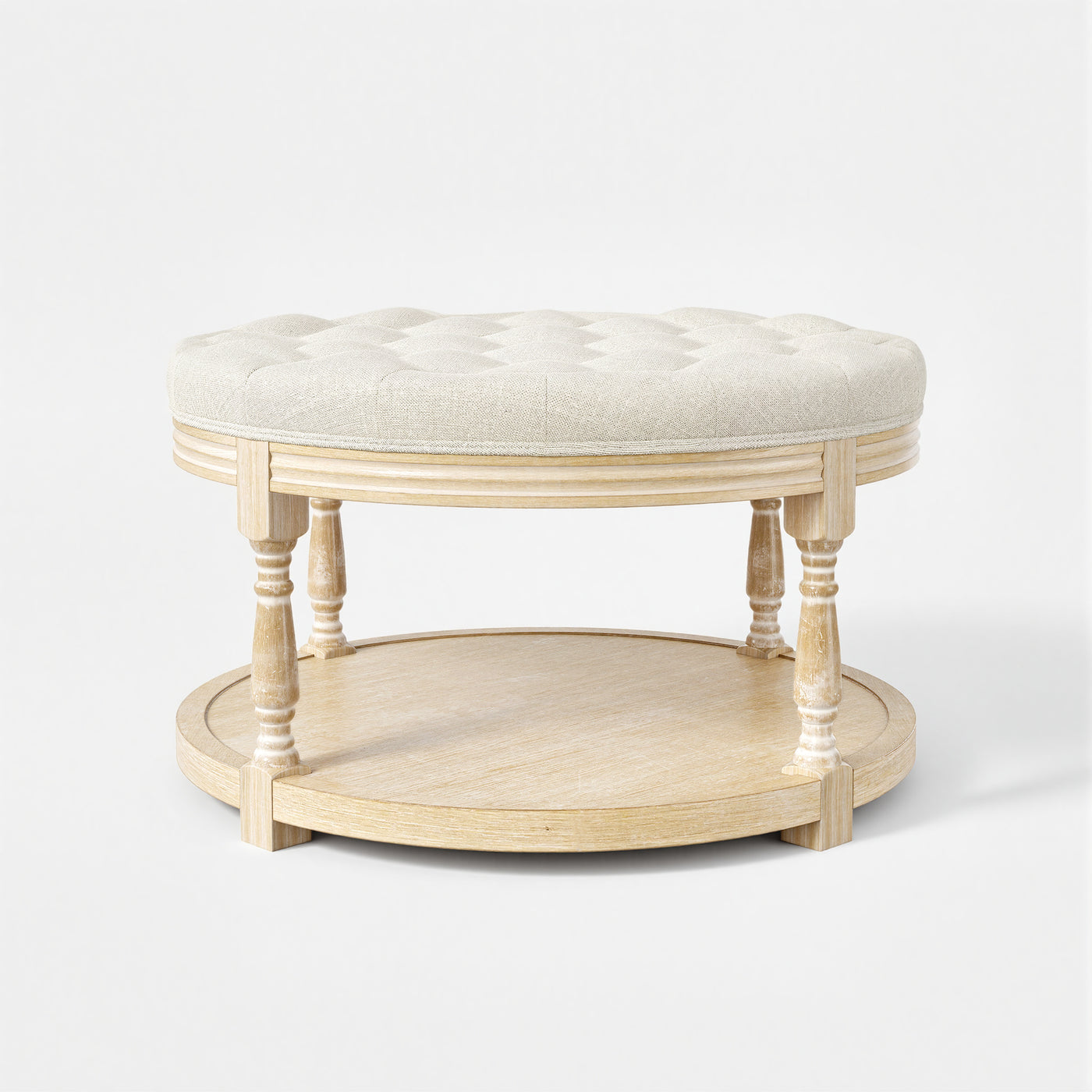 Upholstered Round Coffee Table with Open Shelf Base