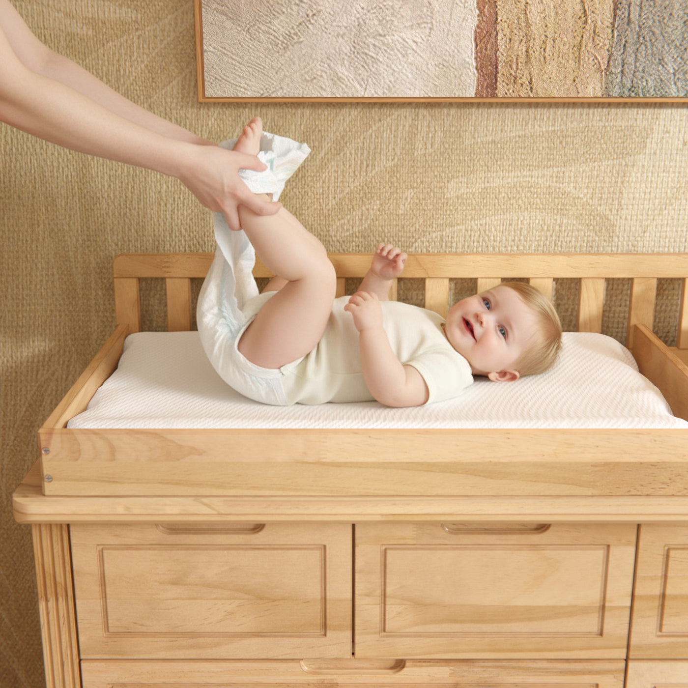 Solid Wood Changing Table with Drawers and Handle-Free Design