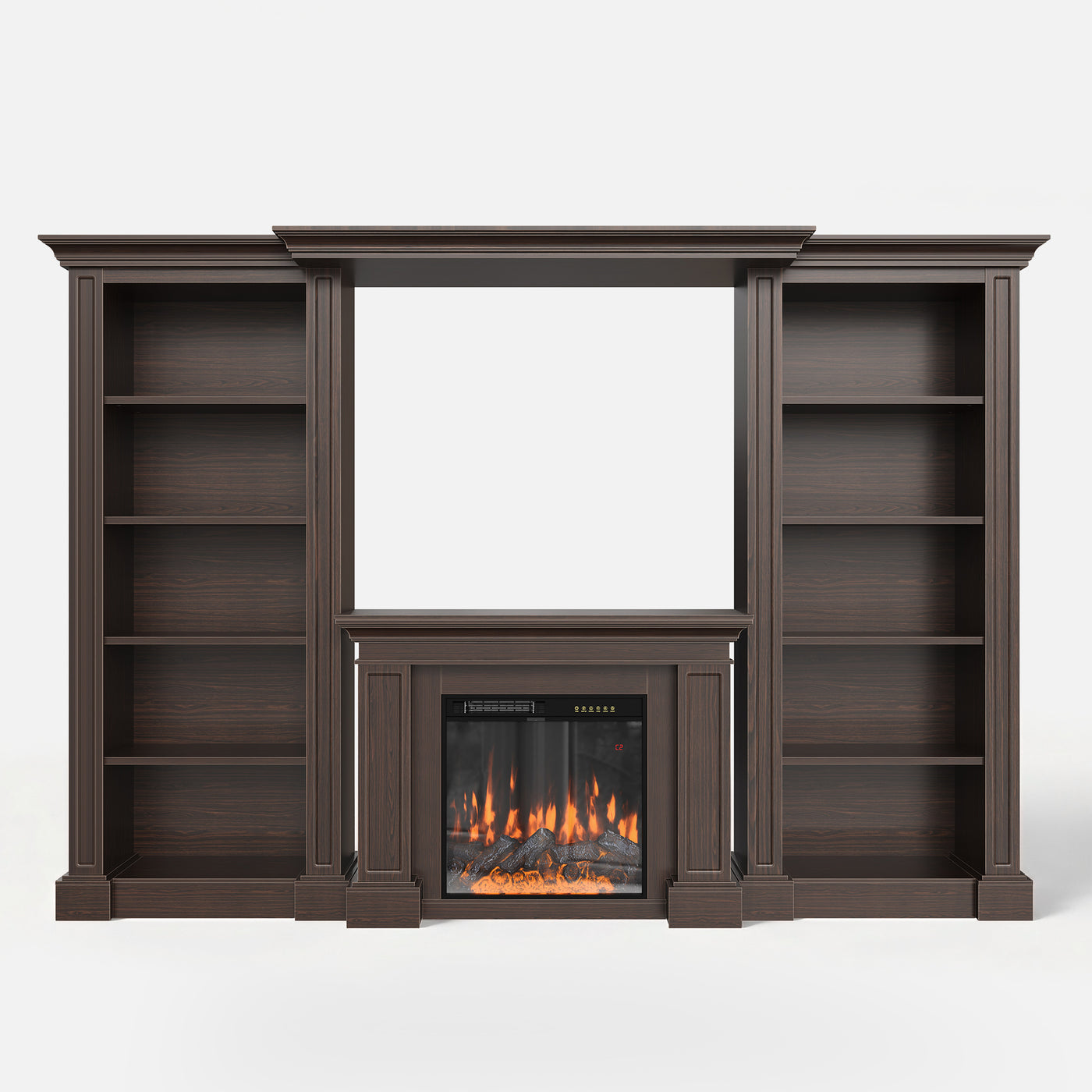 Traditional Entertainment Center with Built-In Electric Fireplace and Bookshelves