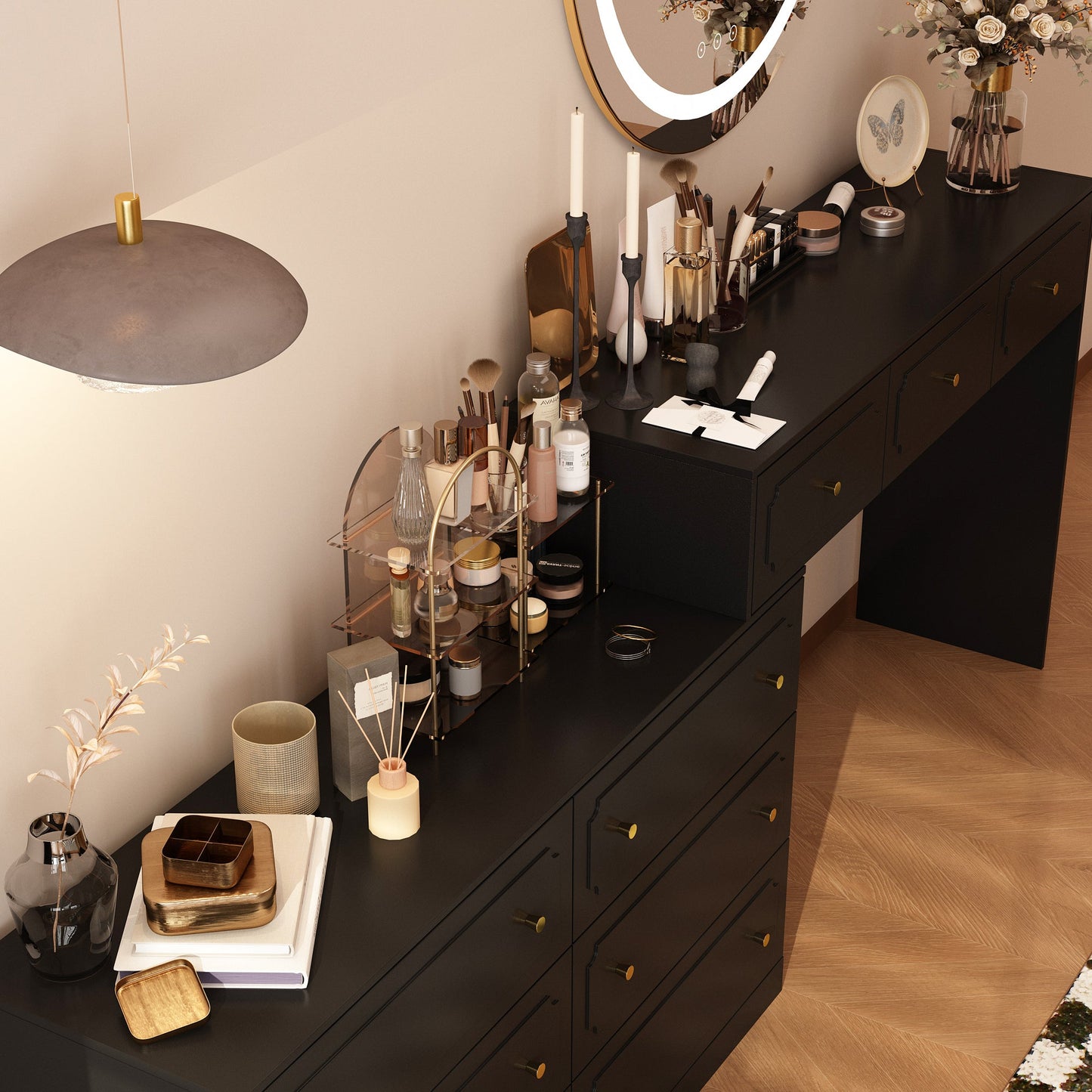 Extendable Vanity Table With 9 Drawers
