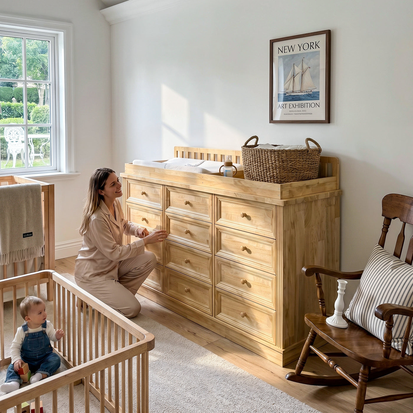Solid Wood Changing Table with 9 Drawers