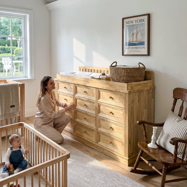 Solid Wood Changing Table with 9 Drawers