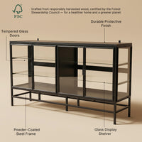 4-Door Display Cabinet with Glass Shelves and Iron Legs