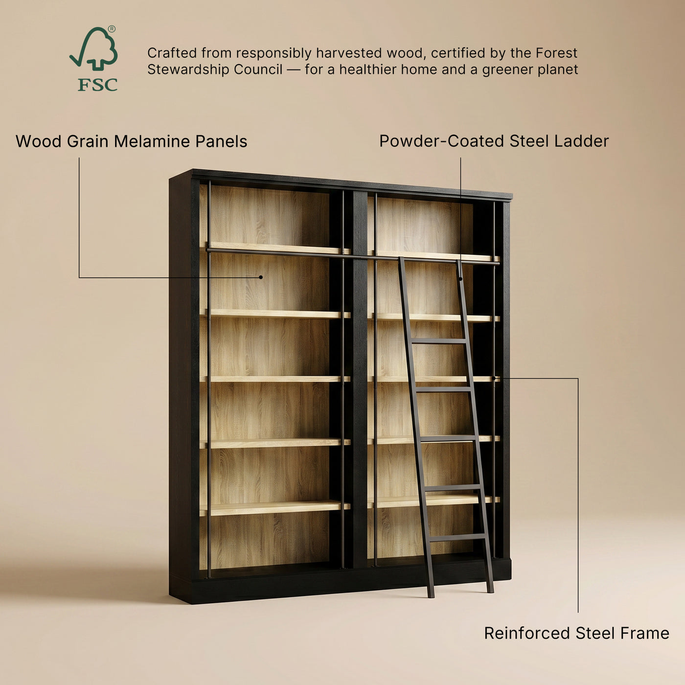 Double Bookcase with Rolling Ladder and 6-Tier Shelves