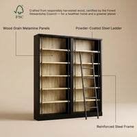 Double Bookcase with Rolling Ladder and 6-Tier Shelves