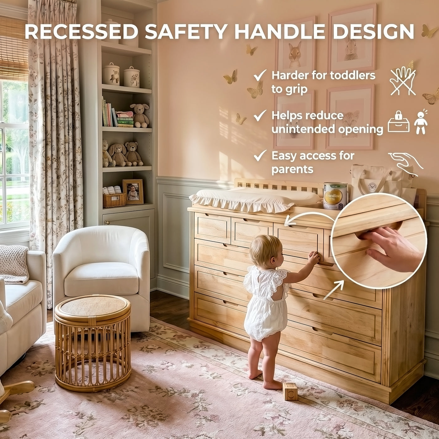 Solid Wood Changing Table with Drawers and Handle-Free Design