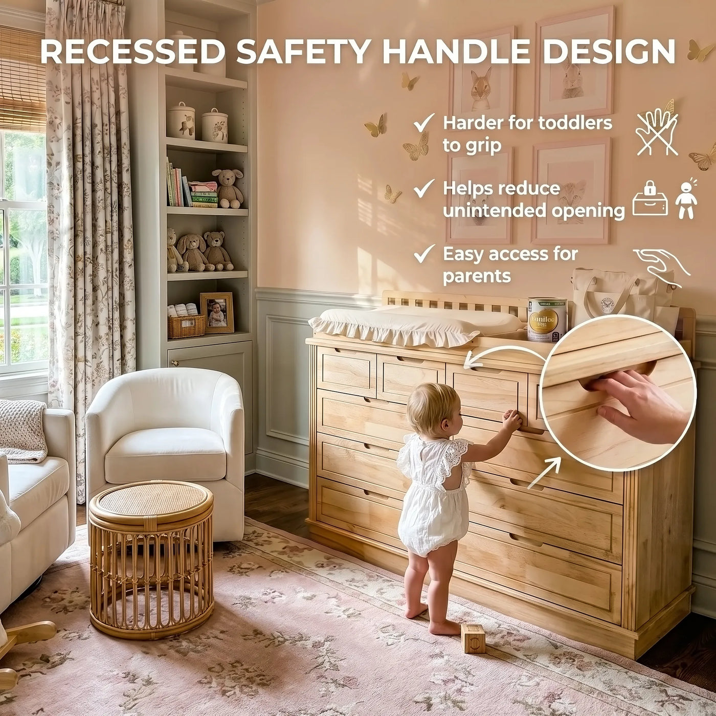 Solid Wood Changing Table with Drawers and Handle-Free Design-Natural