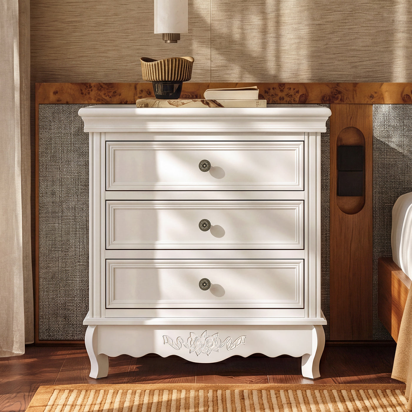 White Classic 3-Drawer Nightstand with Metal Handles