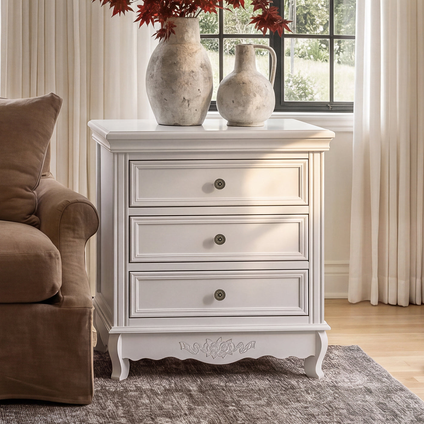 White Classic 3-Drawer Nightstand with Metal Handles