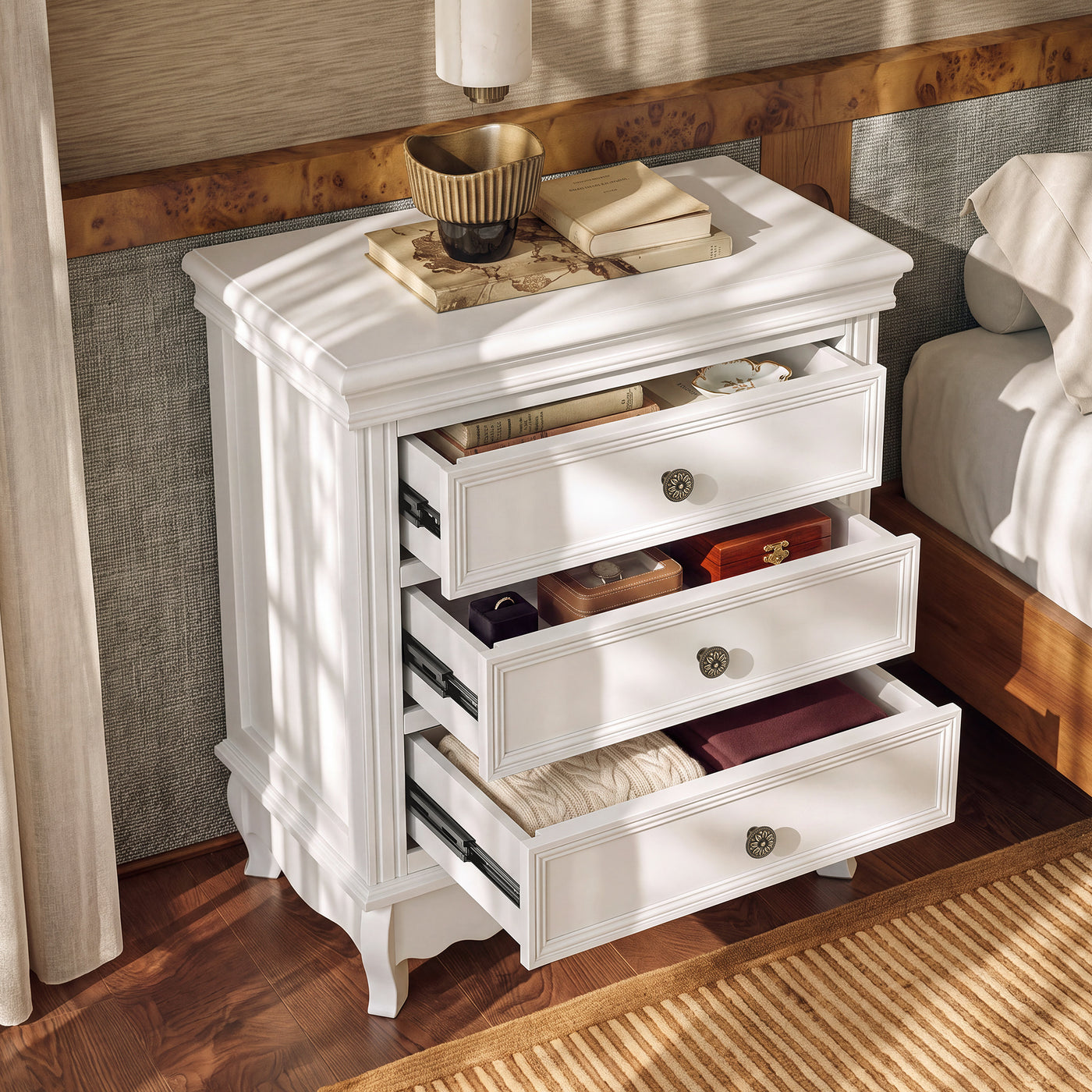White Classic 3-Drawer Nightstand with Metal Handles