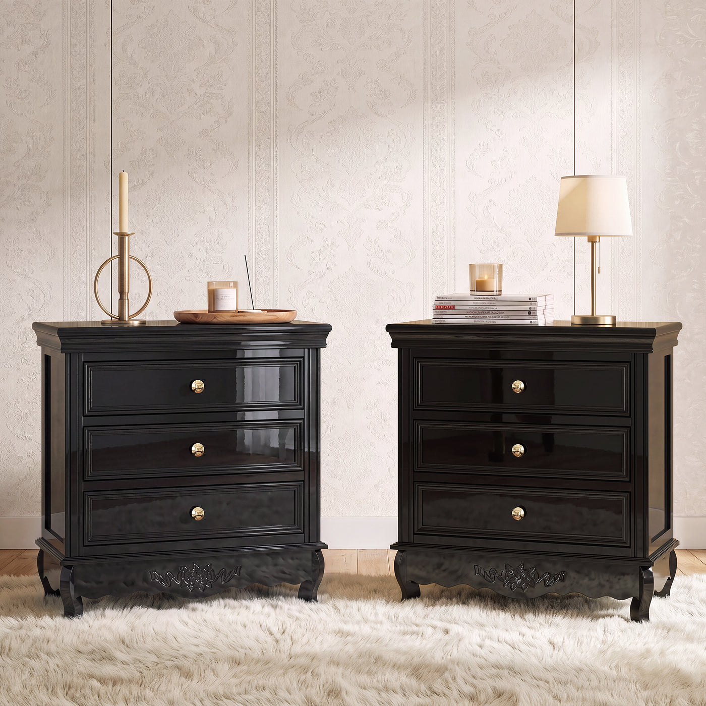 Black Classic 3-Drawer Nightstand with Metal Handles, Set of 2