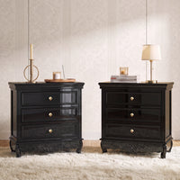 Black Classic 3-Drawer Nightstand with Metal Handles, Set of 2