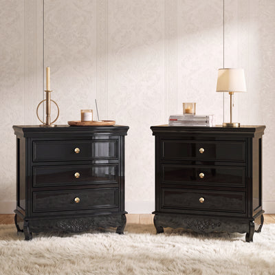 Black Classic 3-Drawer Nightstand with Metal Handles, Set of 2