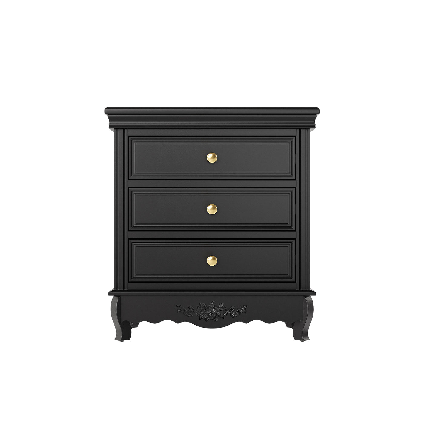 Black Classic 3-Drawer Nightstand with Metal Handles