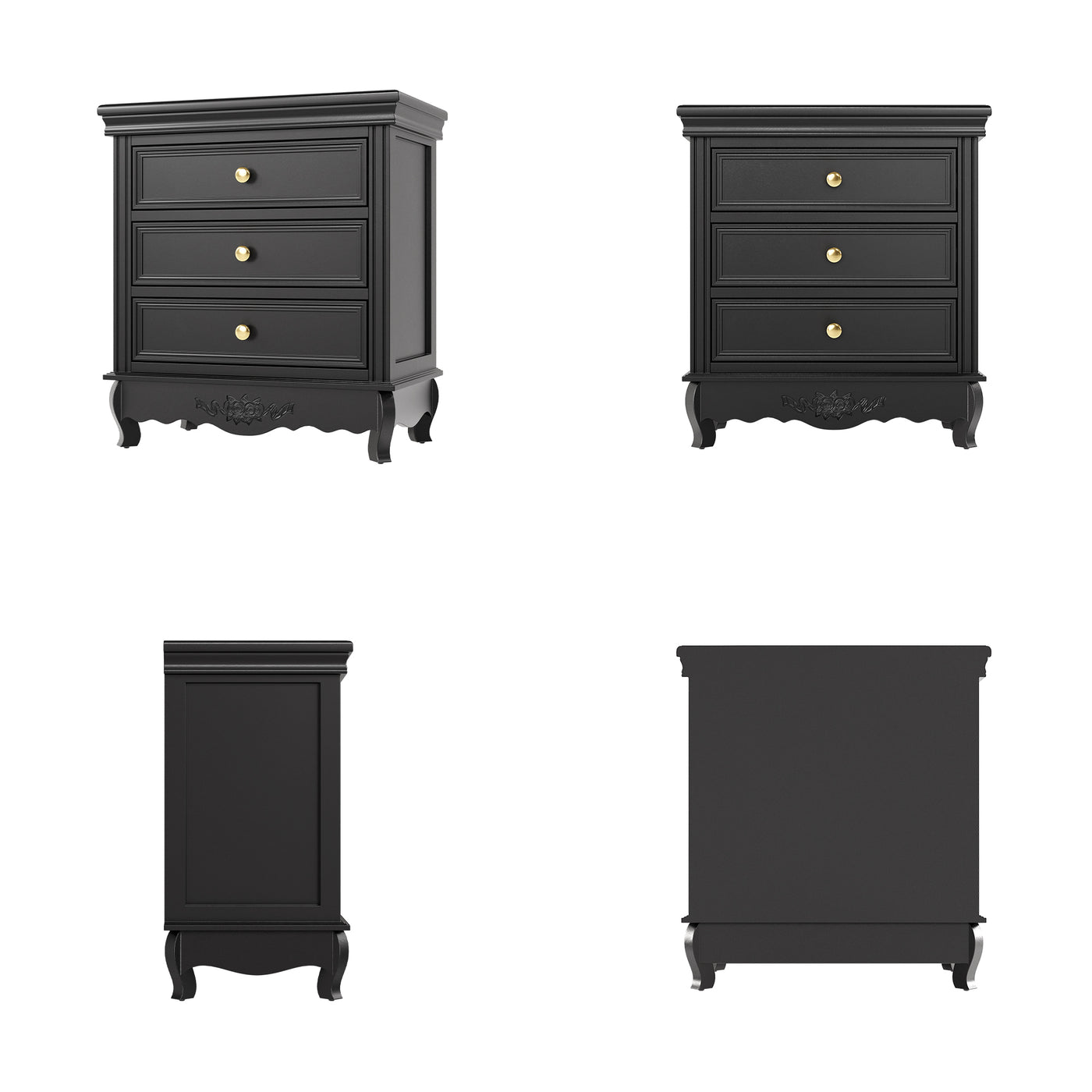 Black Classic 3-Drawer Nightstand with Metal Handles, Set of 2