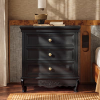 Black Classic 3-Drawer Nightstand with Metal Handles, Set of 2