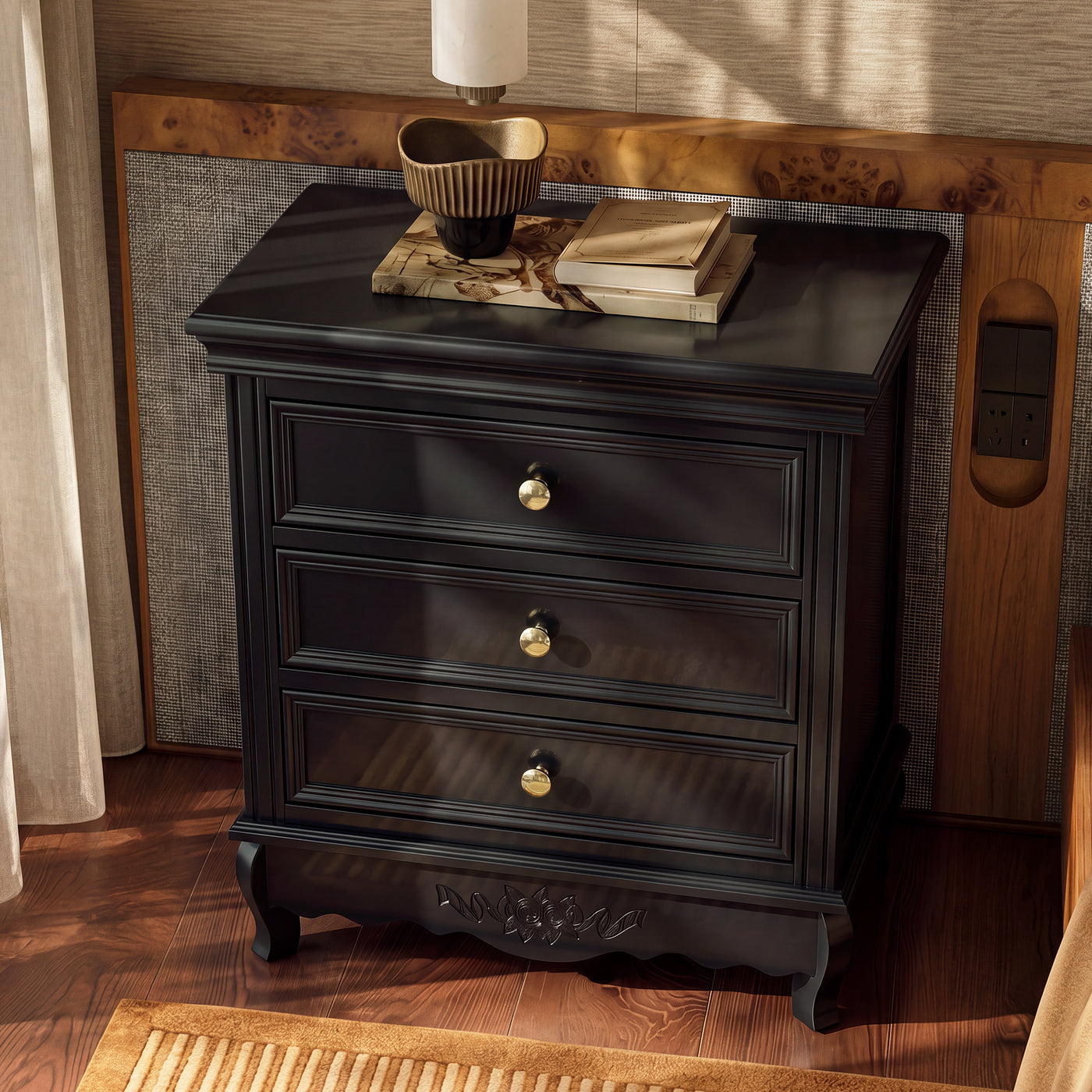 Black Classic 3-Drawer Nightstand with Metal Handles, Set of 2